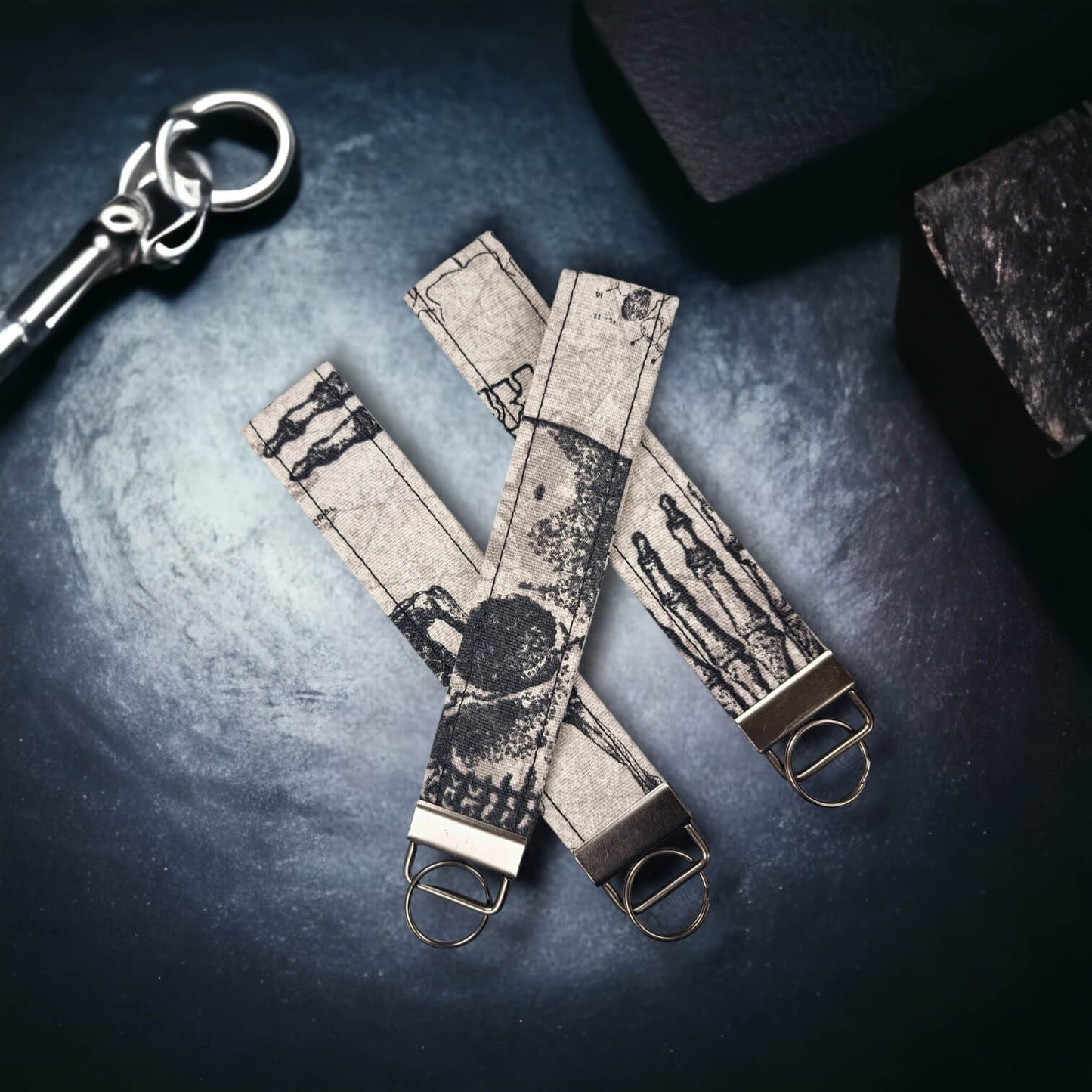 Our key wristlets/fobs in the pattern Bare Bones.
