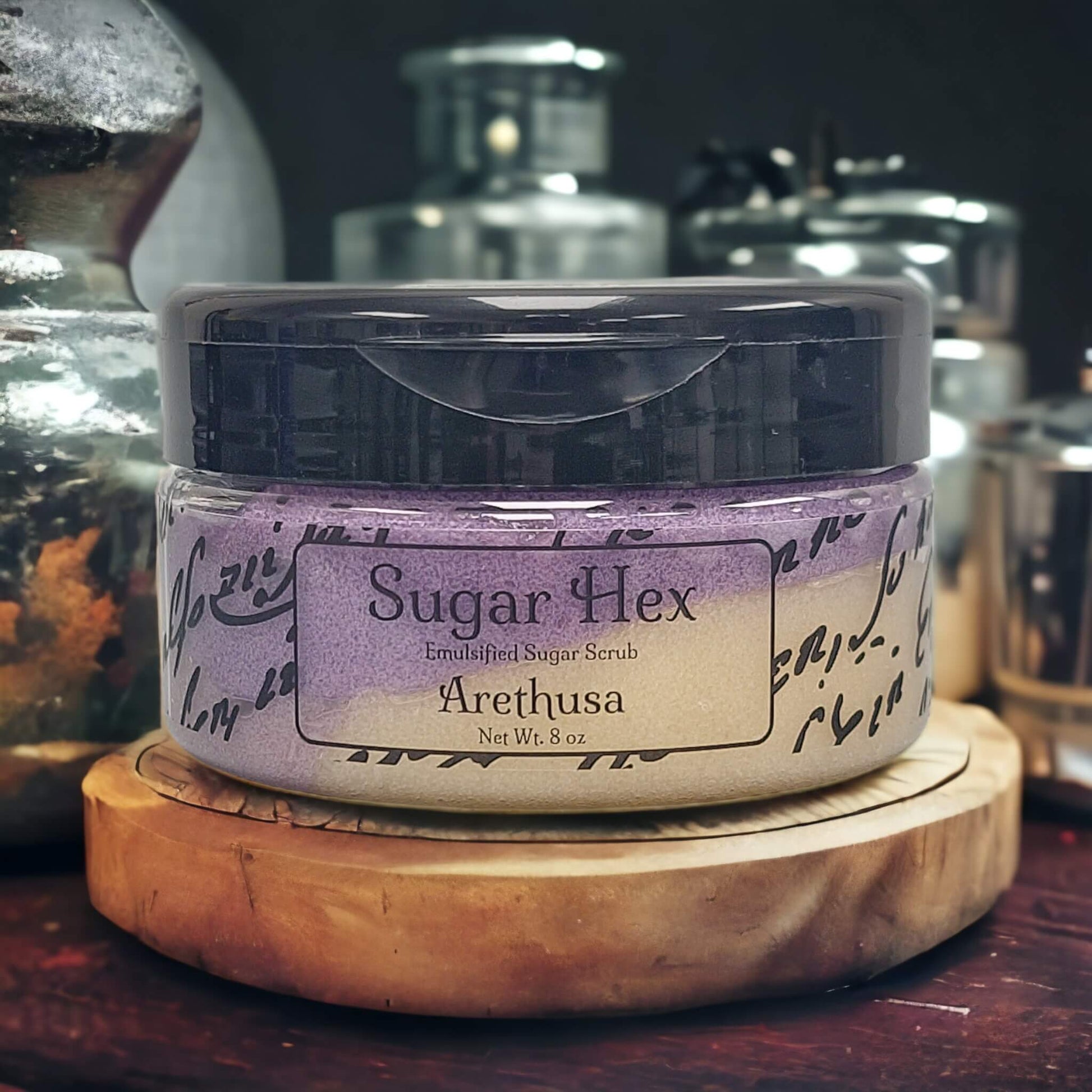 our sugar hex sugar scrub in the scent Arethusa.