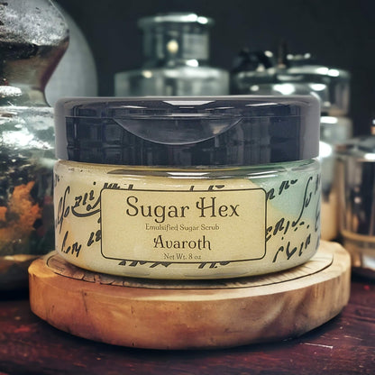 our sugar hex sugar scrub in the scent Avaroth