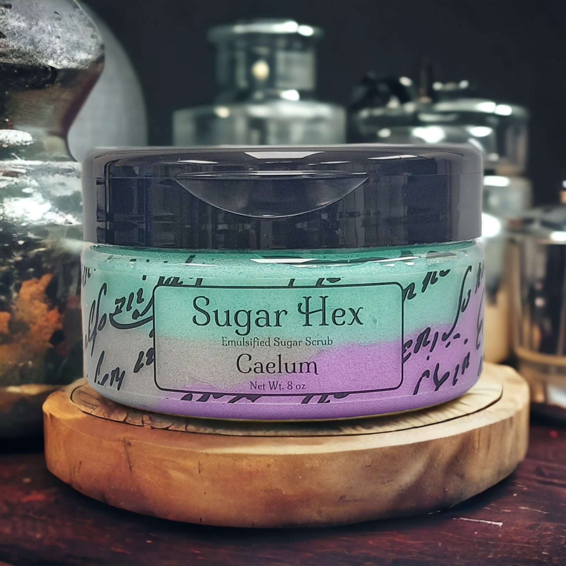 our sugar hex sugar scrub in the scent Caelum.