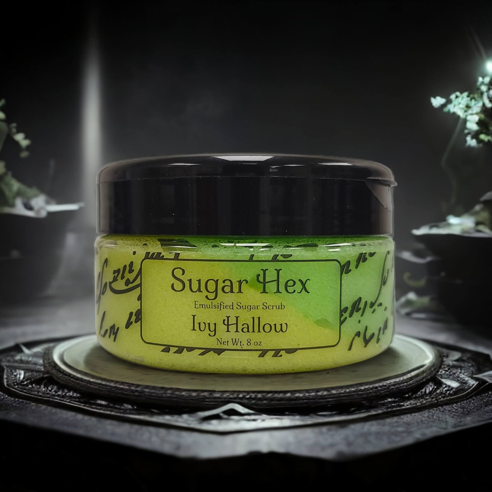 our sugar hex sugar scrub in the scent ivy hallow.