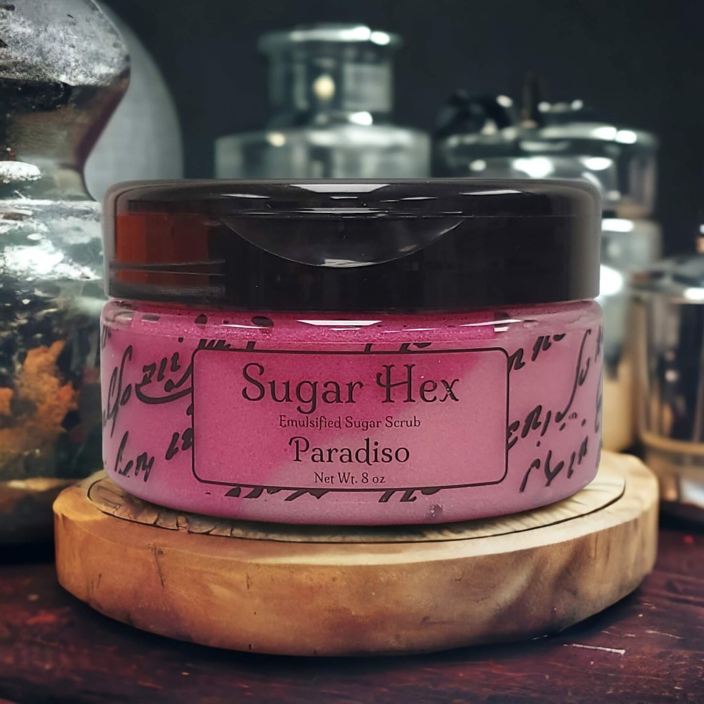 our sugar hex sugar scrub in the scent Paradiso.