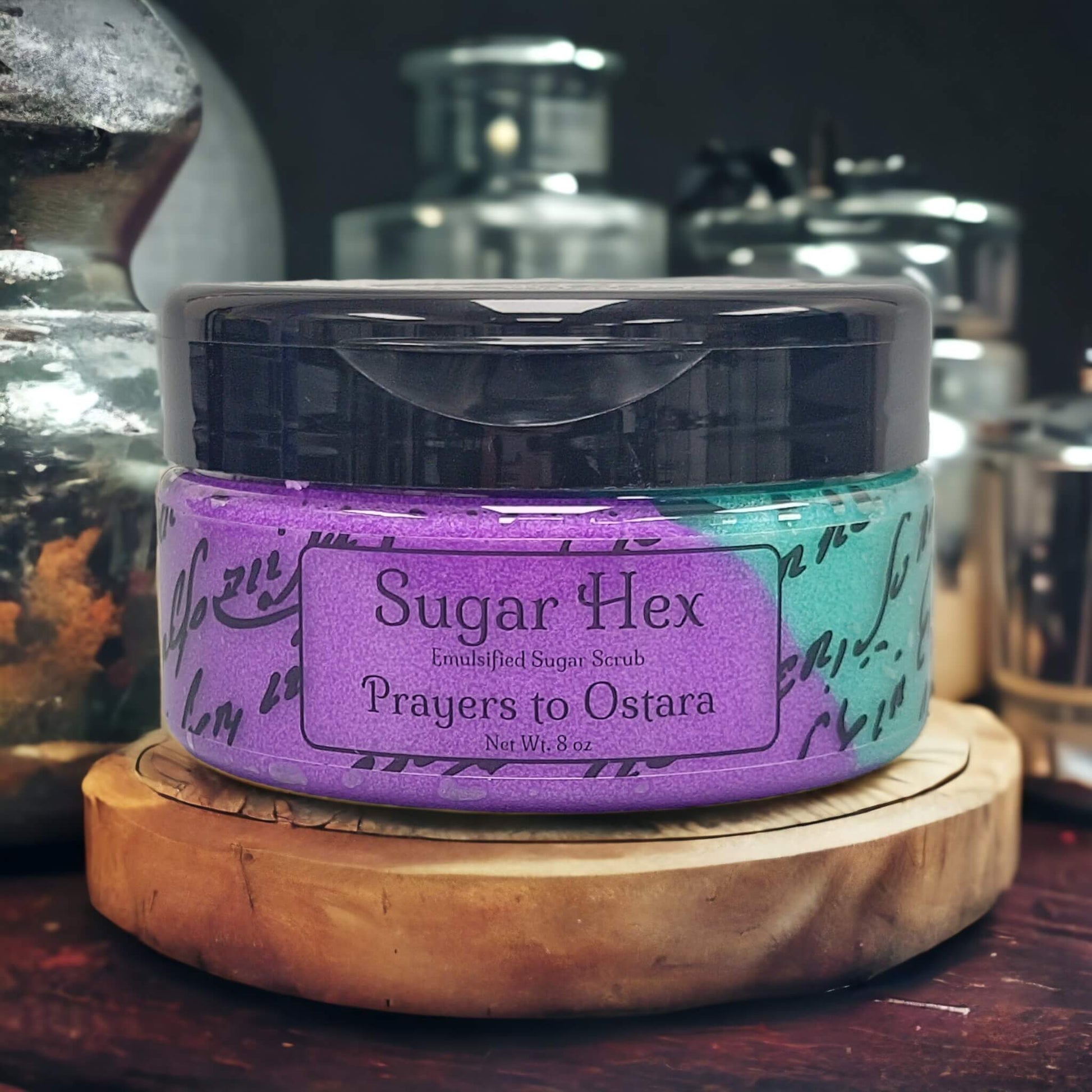 our sugar hex sugar scrub in the scent Prayers to Ostara.