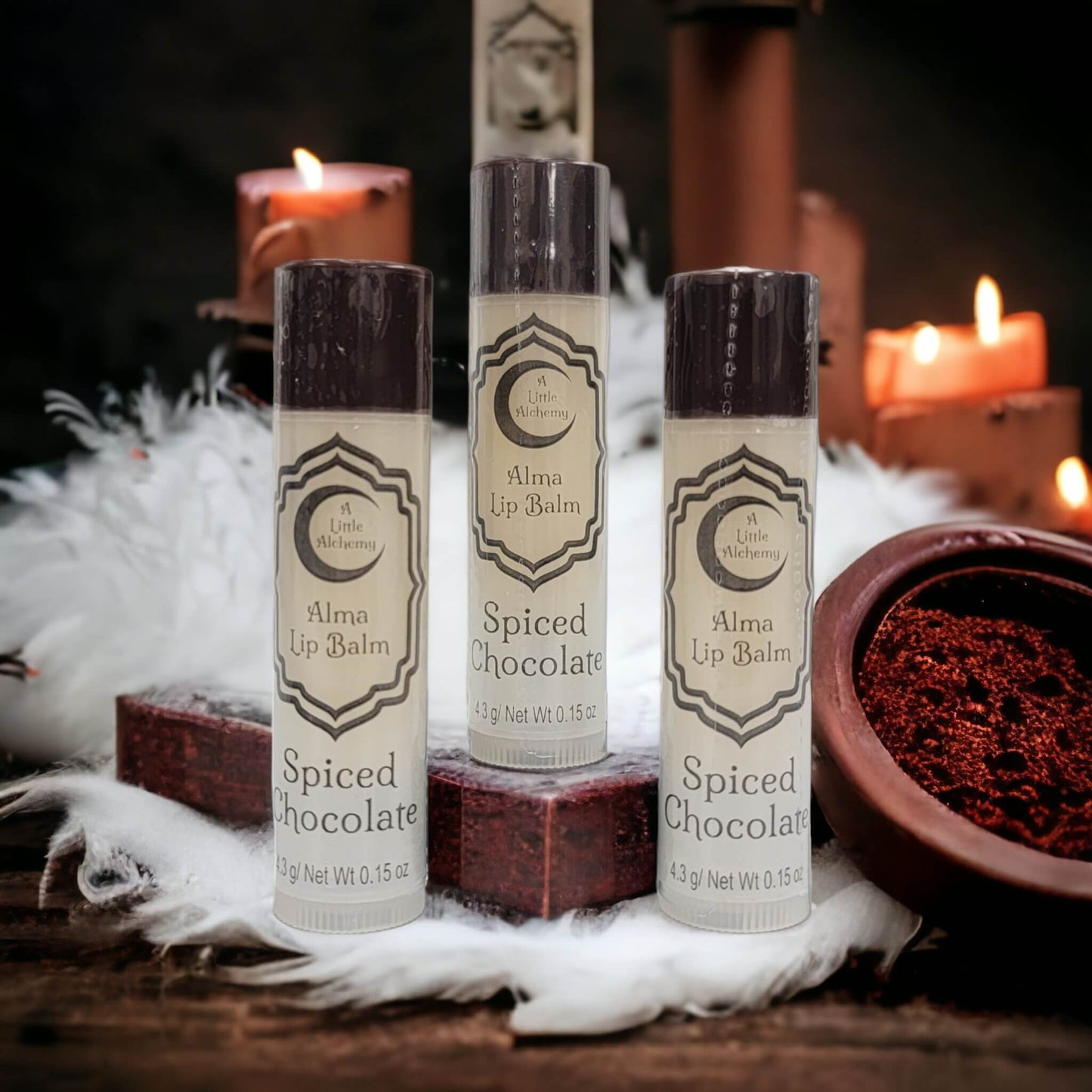 our nourishing lip balms in the flavor spiced chocolate.