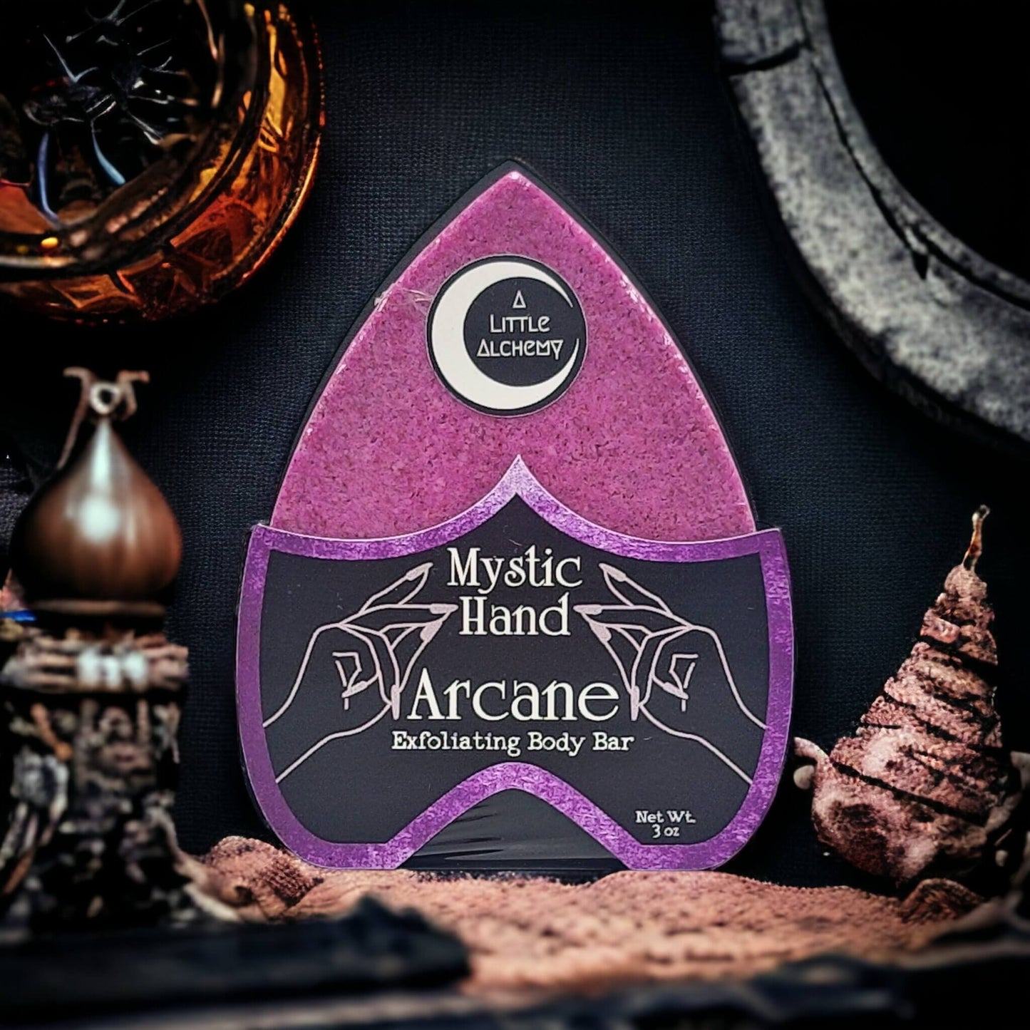 Picture of our mystic hand exfoliating body bar in the scent Arcane.