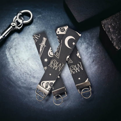 Our key wristlets/fobs in the pattern Black Wicked Night.