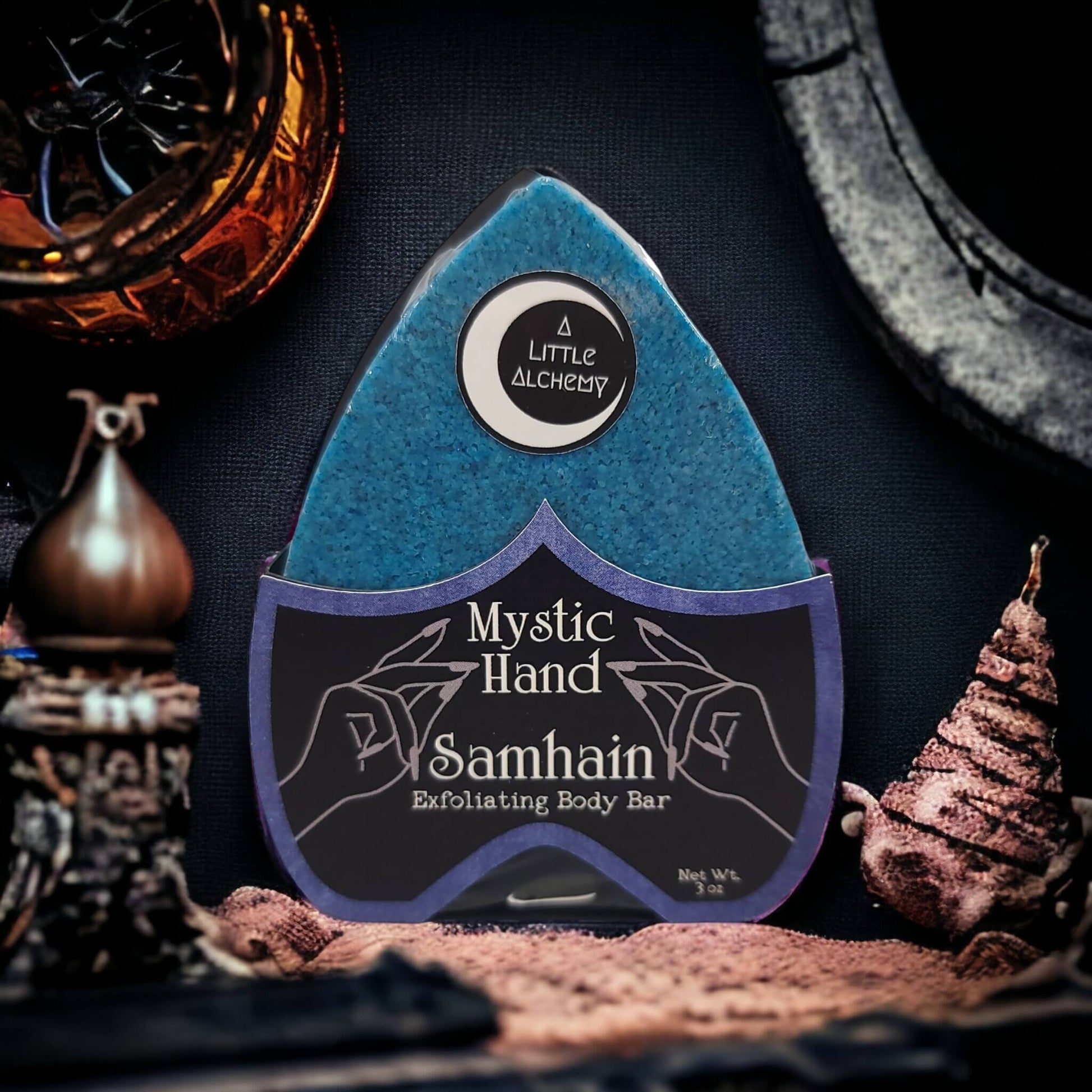 Picture of our mystic hand exfoliating body bar in the scent Samhain.
