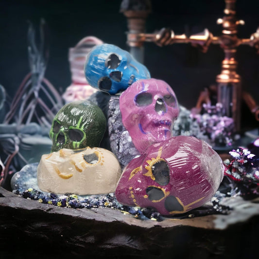 Group picture of skull shaped bath bombs